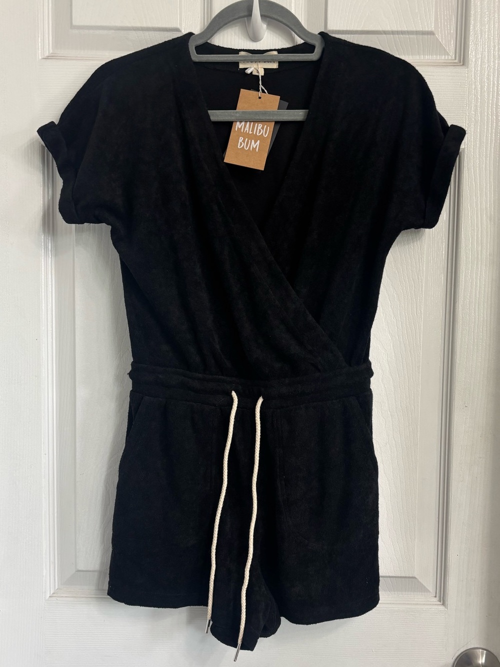 Malibu Bum Black Terry Shorts Romper with Drawstring Small NWT